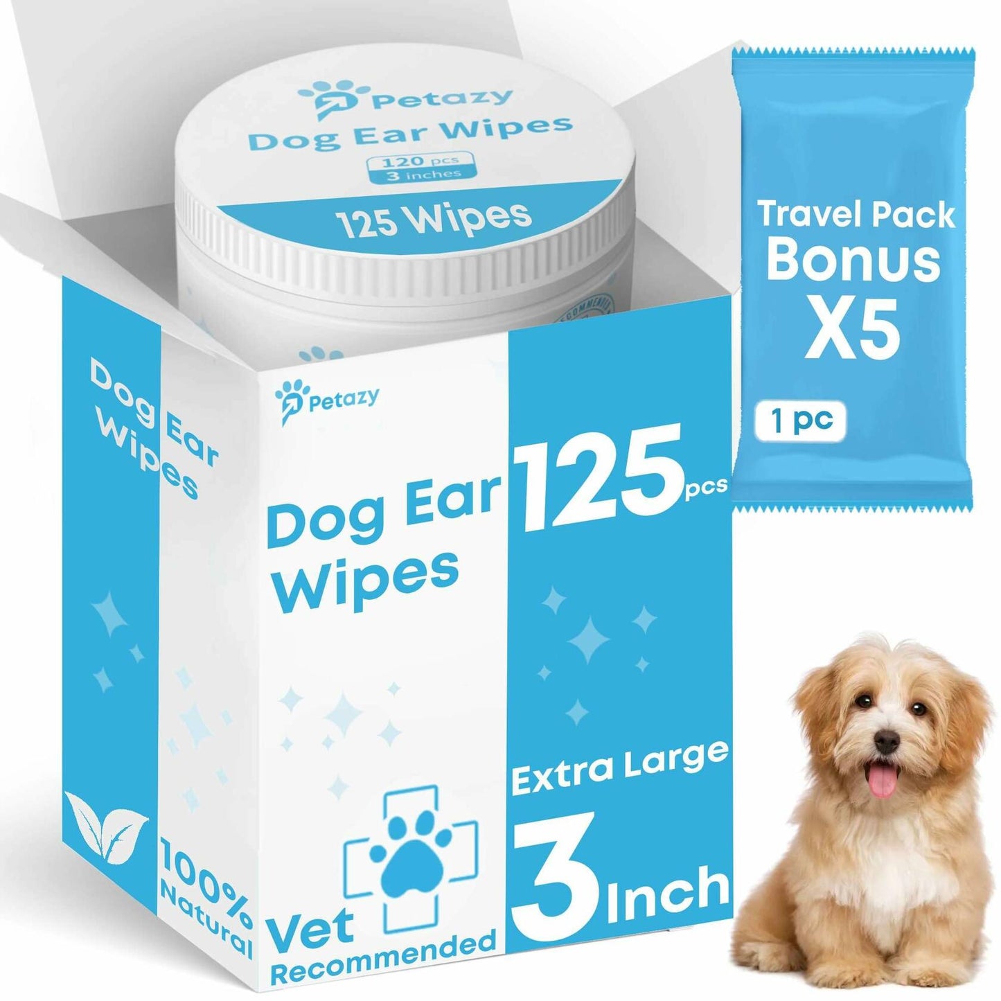 BestBy06/27 Petazy Dog Ear Wipes Unscented Natural Soothing 120 XL Pcs